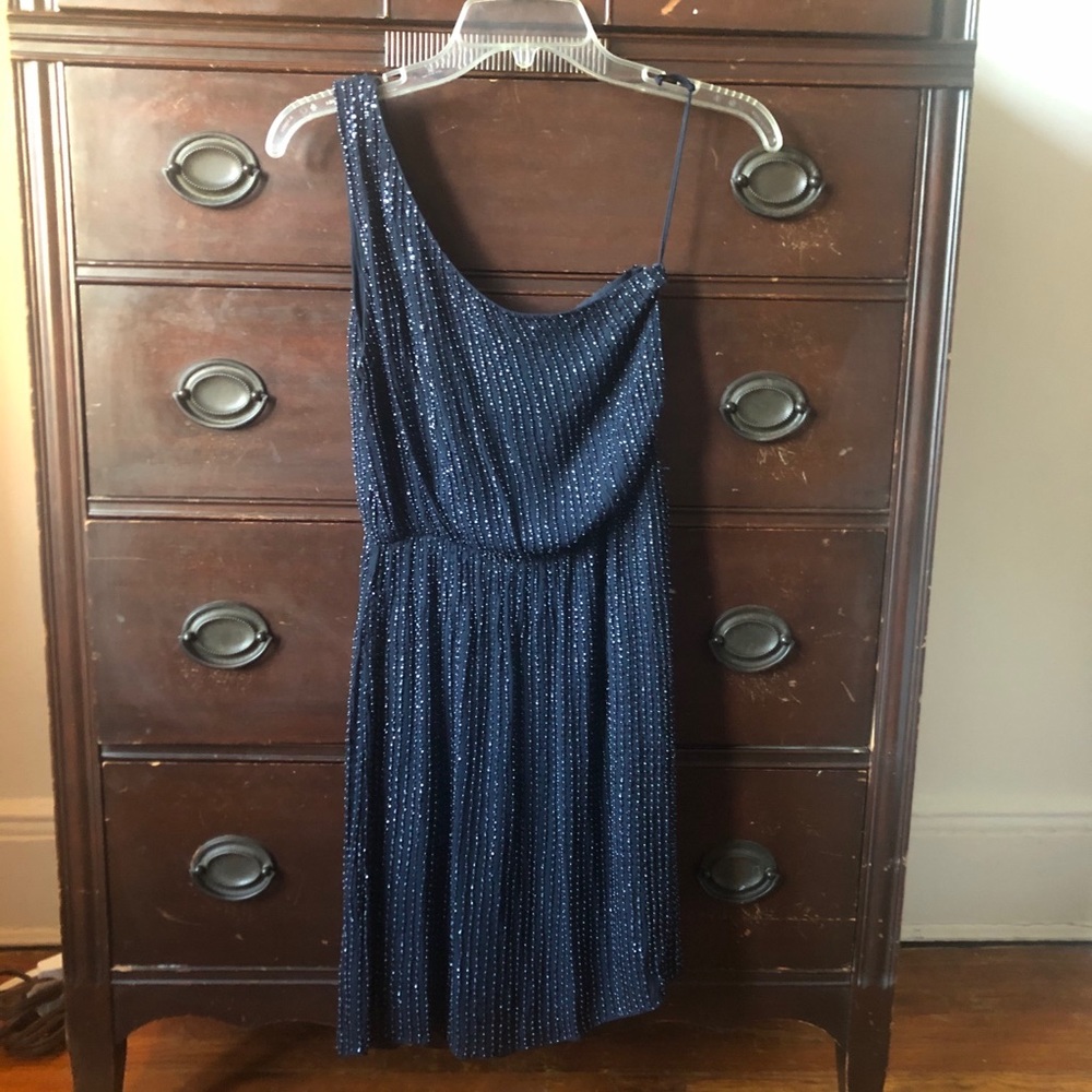 Alice+Olivia Beaded Sparkly One Shoulder Dress Blue Small